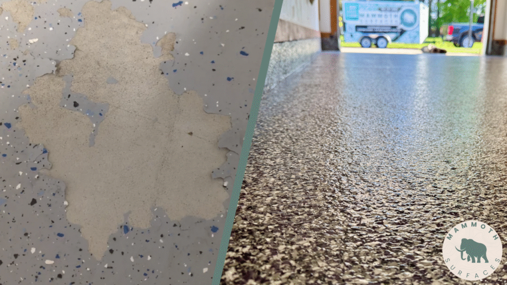 Side-by-side comparison of failed epoxy floor with peeling vs new durable Mammoth Surfaces polyurea garage floor finish.