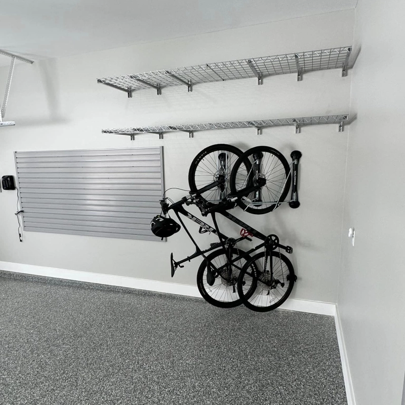 Slat walls with bikes and hook accessories