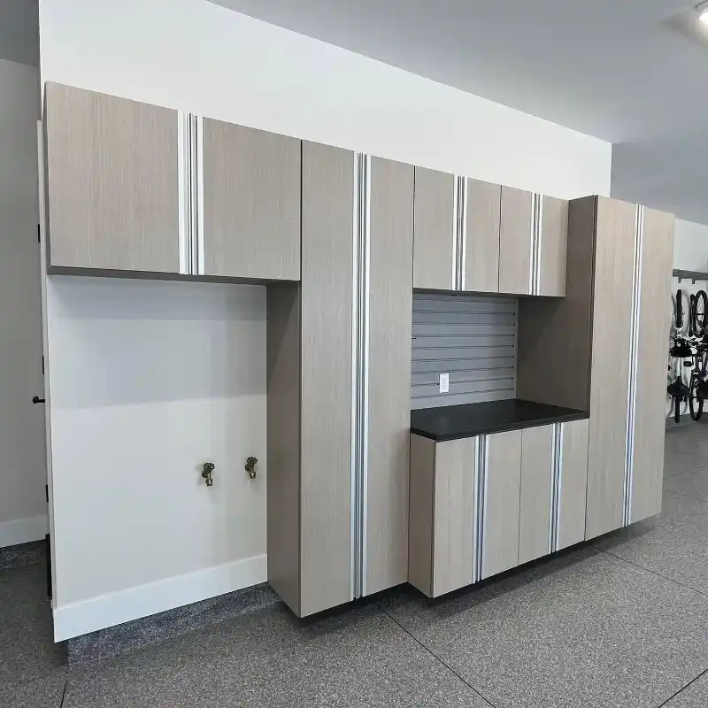 Garage cabinets and floor sealing surface built by Mammoth Surface