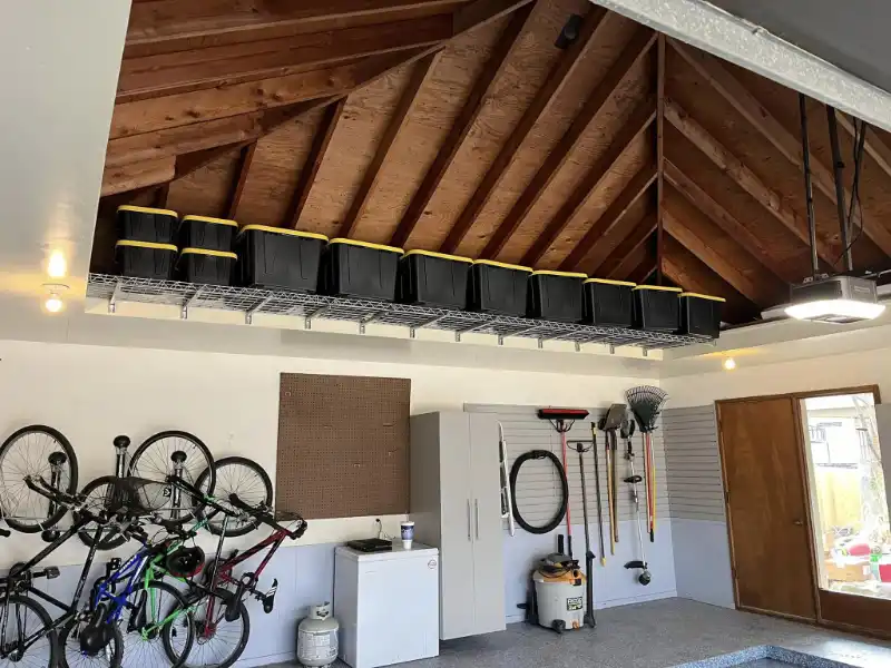 Slat wall and bike mounts with a bike hanging on the wall